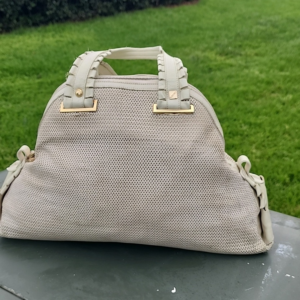 Versace Perforated Beige and Gold Leather Dome Shaped Satchel - Picture 4 of 14
